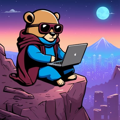 Go Blue Gopher as a cyberpunk Jedi atop a hill is holding a computer on his lap.