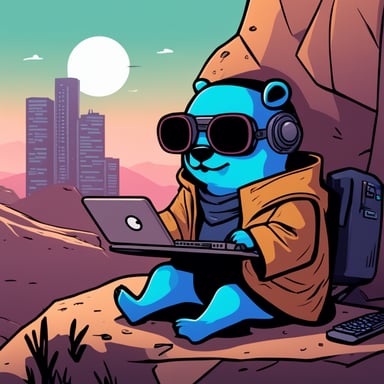 Go Blue Gopher as a cyberpunk Jedi with a cute face atop a hill is holding a computer on his lap.