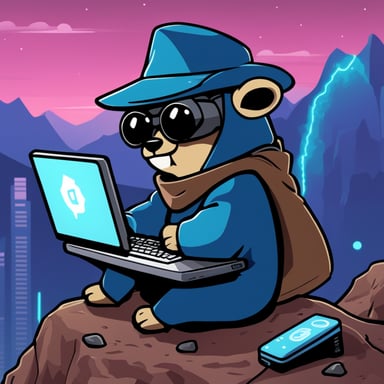 Go Blue Gopher as a cyberpunk Jedi with a cute face atop a hill is holding a computer on his lap.