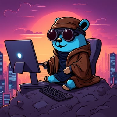 Go Blue Gopher as a cyberpunk Jedi with a cute face atop a hill is holding a computer on his lap.