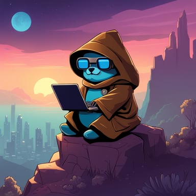 Go Blue Gopher as a cyberpunk Jedi with a cute face atop a hill is holding a computer on his lap.