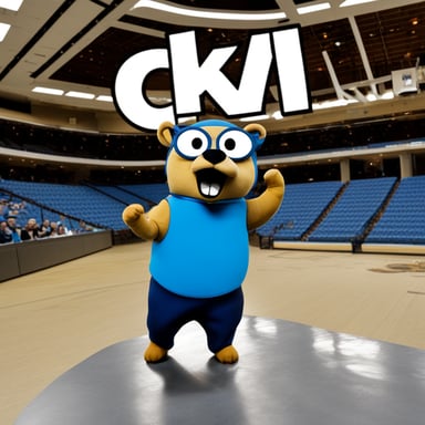 Go Blue Gopher stands off a huge poster that says CKV.