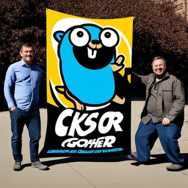 Go Blue Gopher under a huge banner CKV.