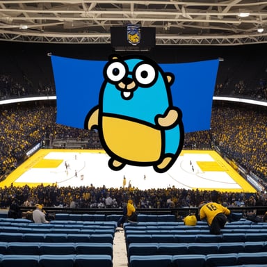 Go Blue Gopher under a huge banner CKV.