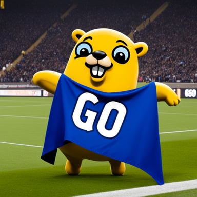 Go Blue Gopher under a huge banner CKV.