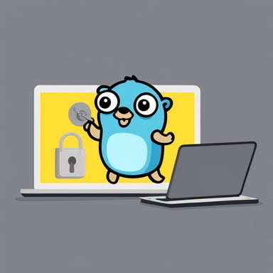 Go Blue Gopher with a laptop and in the hand key security.