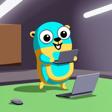 Go Blue Gopher with a laptop and in the hand key security.