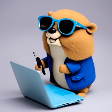 Go Blue Gopher stays near the laptop and holds a key in his hand like a hacker with a security key, wearing sunglasses.