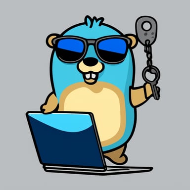 Go Blue Gopher stays near the laptop and holds a key in his hand like a hacker with a security key, wearing sunglasses.
