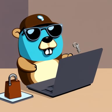 Go Blue Gopher stays near the laptop and holds a key in his hand like a hacker with a security key, wearing sunglasses.