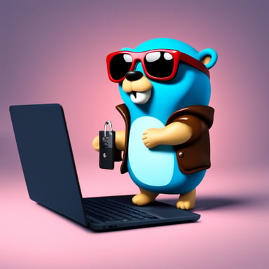 Go Blue Gopher stays near the laptop and holds a key in his hand like a hacker with a security key, wearing sunglasses.