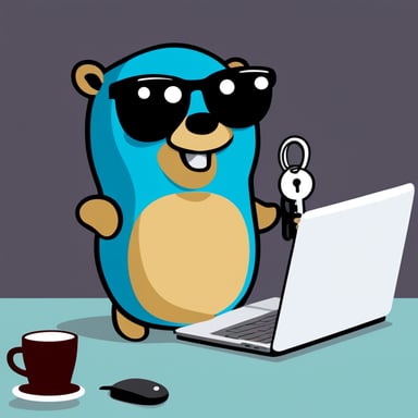 Go Blue Gopher stays near the laptop and holds a key in his hand like a hacker with a security key, wearing sunglasses.
