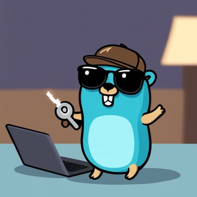 Go Blue Gopher stays near the laptop and holds a key in his hand like a hacker with a security key, wearing sunglasses.