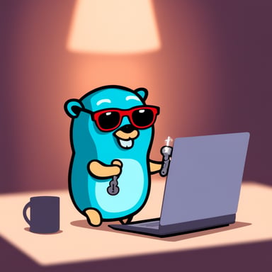 Go Blue Gopher stays near the laptop and holds a key in his hand like a hacker with a security key, wearing sunglasses.