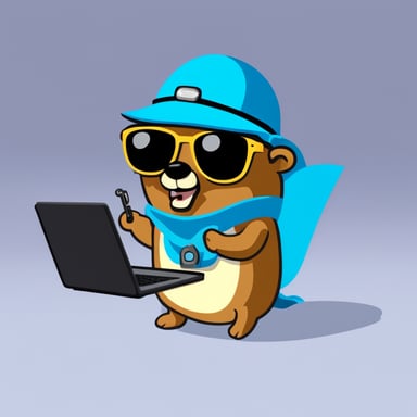 Go Blue Gopher stays near the laptop and holds a key in his hand like a hacker with a security key, wearing sunglasses.