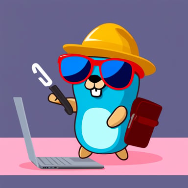 Go Blue Gopher stays near the laptop and holds a key in his hand like a hacker with a security key. Go Blue Gopher in sunglasses.