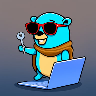 Go Blue Gopher stays near the laptop and holds a key in his hand like a hacker with a security key. Go Blue Gopher in sunglasses.