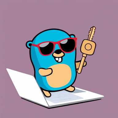 Go Blue Gopher stays near the laptop and holds a key in his hand like a hacker with a security key. Go Blue Gopher in sunglasses.