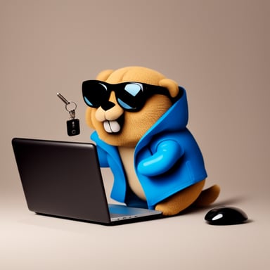 Go Blue Gopher stays near the laptop and holds a key in his hand like a hacker with a security key. Go Blue Gopher in sunglasses.