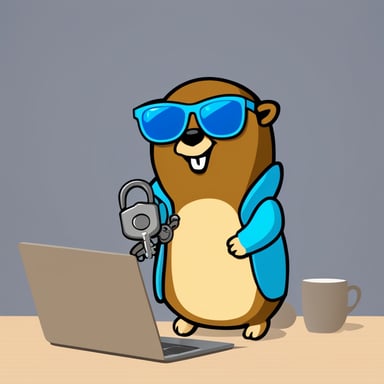 Go Blue Gopher stays near the laptop and holds a key in his hand like a hacker with a security key. Go Blue Gopher in sunglasses.