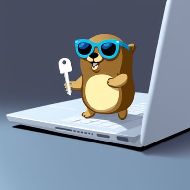 Go Blue Gopher stays near the laptop and holds a key in his hand like a hacker with a security key. Go Blue Gopher in sunglasses.