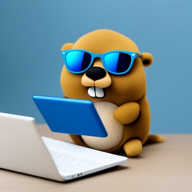 Go Blue Gopher stays near the laptop and holds a key in his hand like a hacker with a security key. Go Blue Gopher in sunglasses.