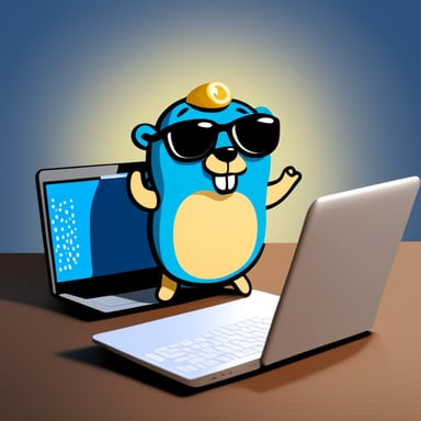 Go Blue Gopher stays near the laptop and holds a key in his hand like a hacker with a security key, wearing sunglasses.