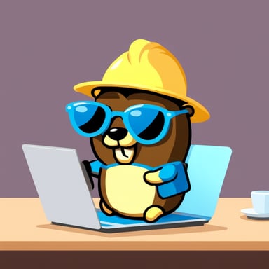 Go Blue Gopher stays near the laptop and holds a key in his hand like a hacker with a security key, wearing sunglasses.