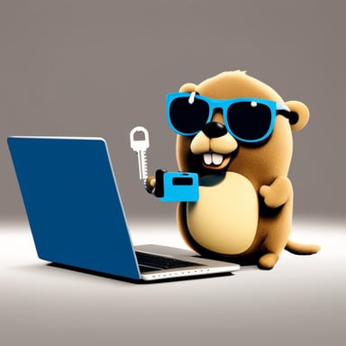Go Blue Gopher stays near the laptop and holds a key in his hand like a hacker with a security key, wearing sunglasses.