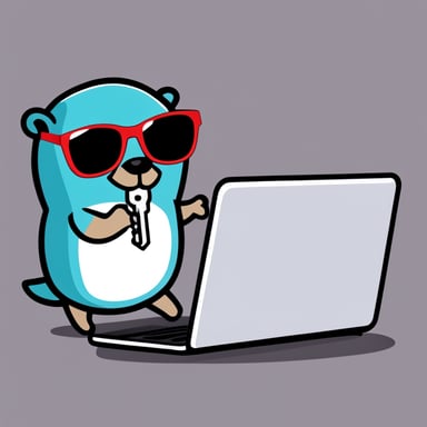 Go Blue Gopher stays near the laptop and holds a key in his hand like a hacker with a security key, wearing sunglasses.