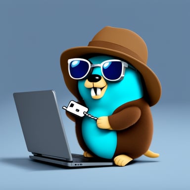 Go Blue Gopher stays near the laptop and holds a key in his hand like a hacker with a security key. Go Blue Gopher wears sunglasses.