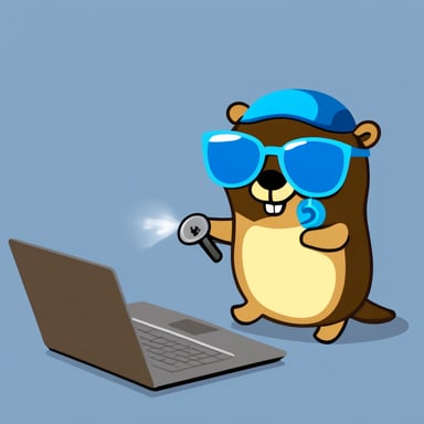 Go Blue Gopher stays near the laptop and holds a key in his hand like a hacker with a security key. Go Blue Gopher wears sunglasses.