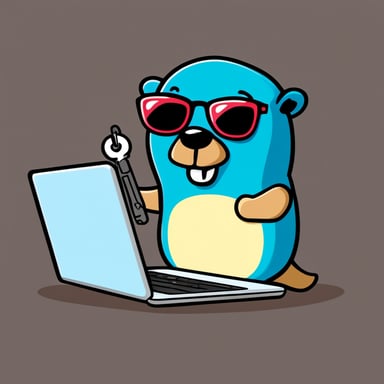 Go Blue Gopher stays near the laptop and holds a key in his hand like a hacker with a security key. Go Blue Gopher wears sunglasses.
