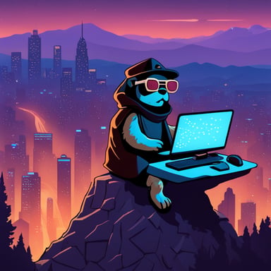 Go Blue Gopher as a cyberpunk Jedi, sitting atop the highest hill with legs crossed and a computer on his lap.