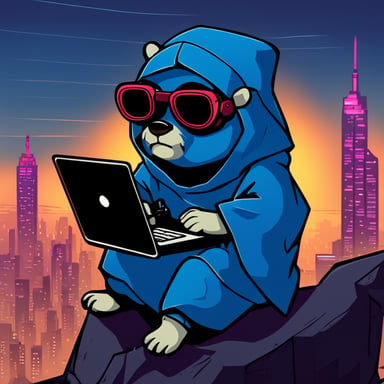 Go Blue Gopher as a cyberpunk Jedi, sitting atop the highest hill with legs crossed and a computer on his lap.