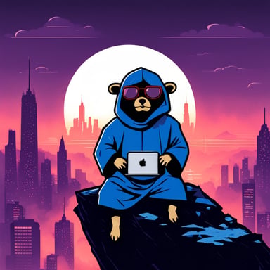 Go Blue Gopher as a cyberpunk Jedi, sitting atop the highest hill with legs crossed and a computer on his lap.