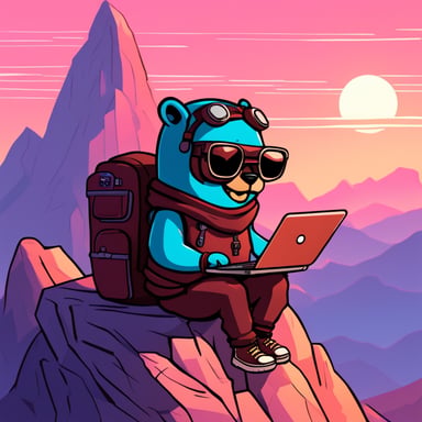 Go Blue Gopher as a cyberpunk, sitting atop the highest mountain with legs crossed and a laptop on his lap.