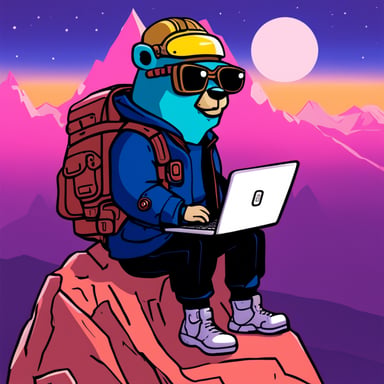 Go Blue Gopher as a cyberpunk, sitting atop the highest mountain with legs crossed and a laptop on his lap.