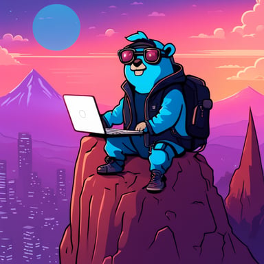 Go Blue Gopher as a cyberpunk, sitting atop the highest mountain with legs crossed and a laptop on his lap.