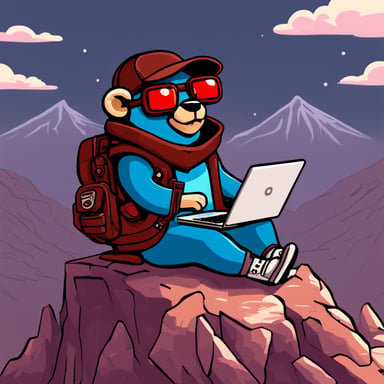 Go Blue Gopher as a cyberpunk, sitting atop the highest mountain with legs crossed and a laptop on his lap.