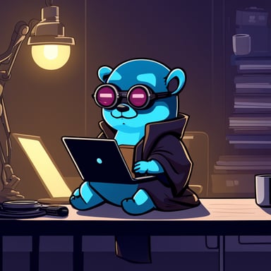 Go Blue Gopher as a cyberpunk Jedi, sitting legs crossed with a laptop on his lap, a lightsaber in his right hand, and a cup of coffee in his left hand.
