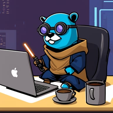 Go Blue Gopher as a cyberpunk Jedi, sitting legs crossed with a laptop on his lap, a lightsaber in his right hand, and a cup of coffee in his left hand.