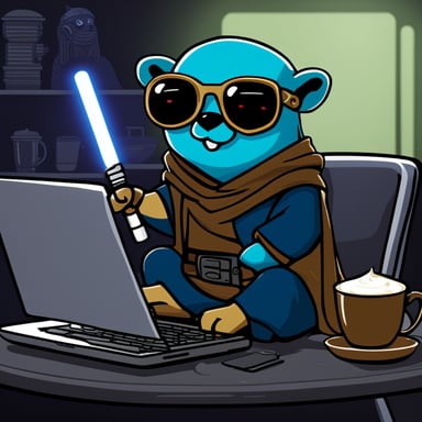 Go Blue Gopher as a cyberpunk Jedi, sitting legs crossed with a laptop on his lap, a lightsaber in his right hand, and a cup of coffee in his left hand.