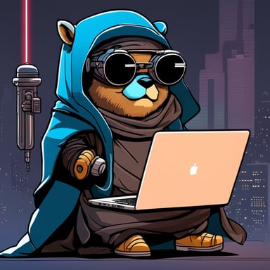 Go Blue Gopher as a cyberpunk Jedi, sitting legs crossed with a laptop on his lap, a lightsaber in his right hand, and a cup of coffee in his left hand.