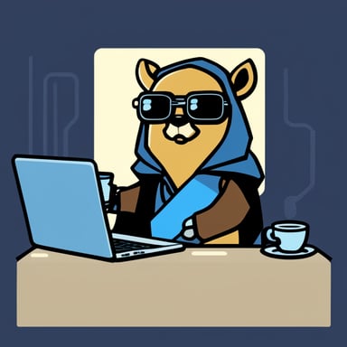 Go Blue Gopher as a cyberpunk Jedi, sitting legs crossed with a laptop on his lap, a lightsaber in his left hand, and a cup of coffee in his right hand.