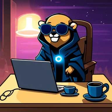 Go Blue Gopher as a cyberpunk Jedi, sitting legs crossed with a laptop on his lap, a lightsaber in his left hand, and a cup of coffee in his right hand.