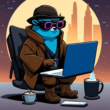 Go Blue Gopher as a cyberpunk Jedi, sitting legs crossed with a laptop on his lap, a lightsaber in his left hand, and a cup of coffee in his right hand.