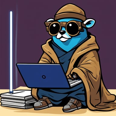 Go Blue Gopher as a cyberpunk Jedi, sitting legs crossed with a laptop on his lap, a lightsaber in his left hand.