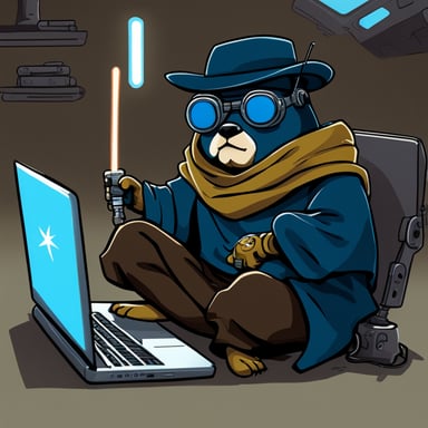 Go Blue Gopher as a cyberpunk Jedi, sitting legs crossed with a laptop on his lap, a lightsaber in his left hand.