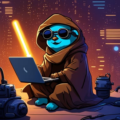Go Blue Gopher as a cyberpunk Jedi, sitting legs crossed with a laptop on his lap, a lightsaber in his left hand.